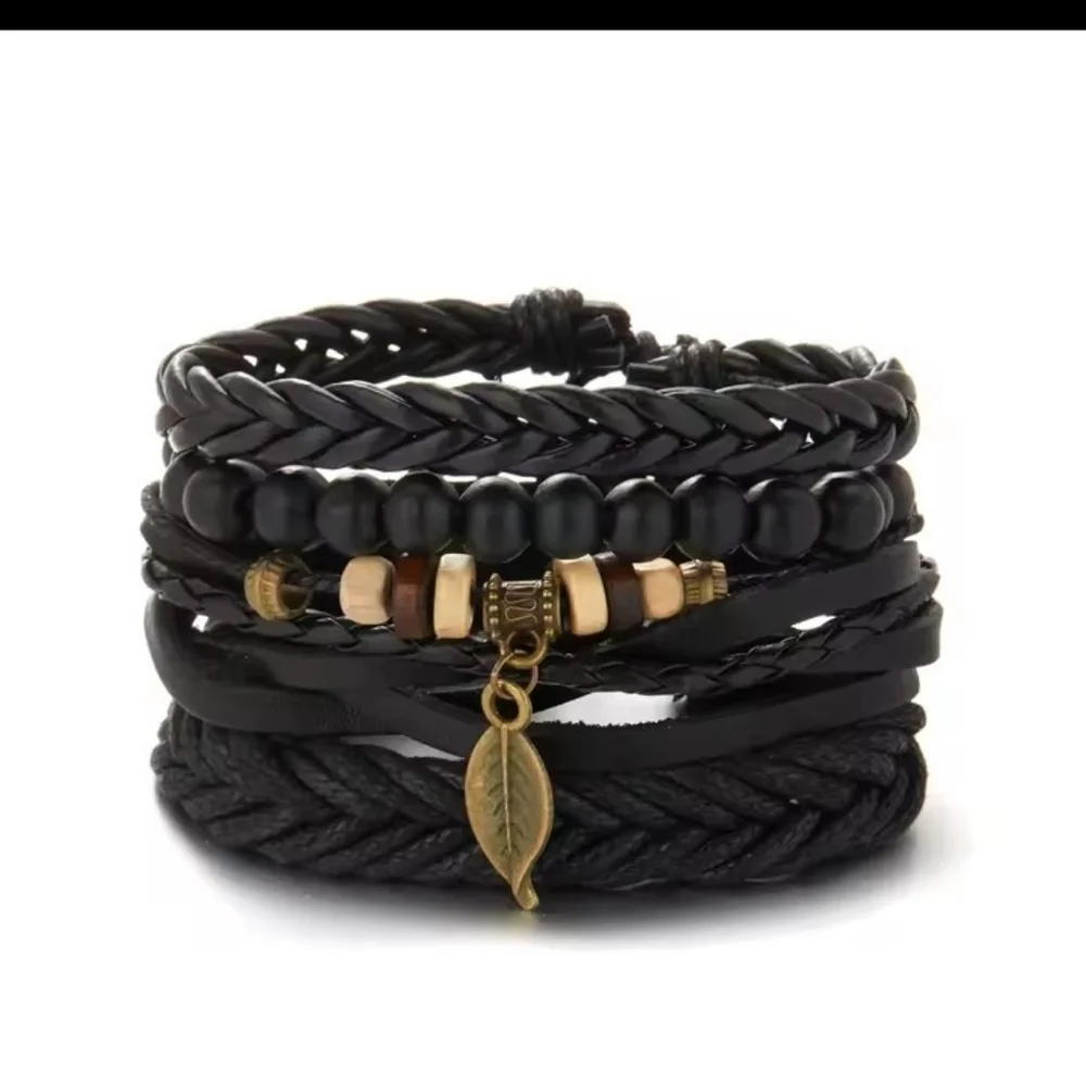 Men's‎ Leather Bracelet Set Braided Beaded Black New f51